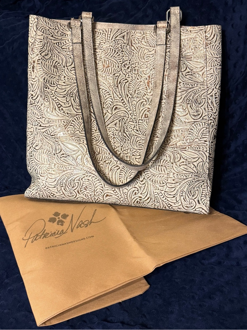 Patricia Nash Ivory Floral Tooled Leather Tote with Metallic Straps
